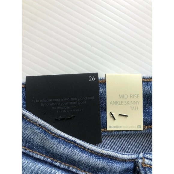 Flying Monkey Women's Blue Denim Distressed Mid-Rise Cuffed Ankle Skinny Jeans - Picture 12 of 12